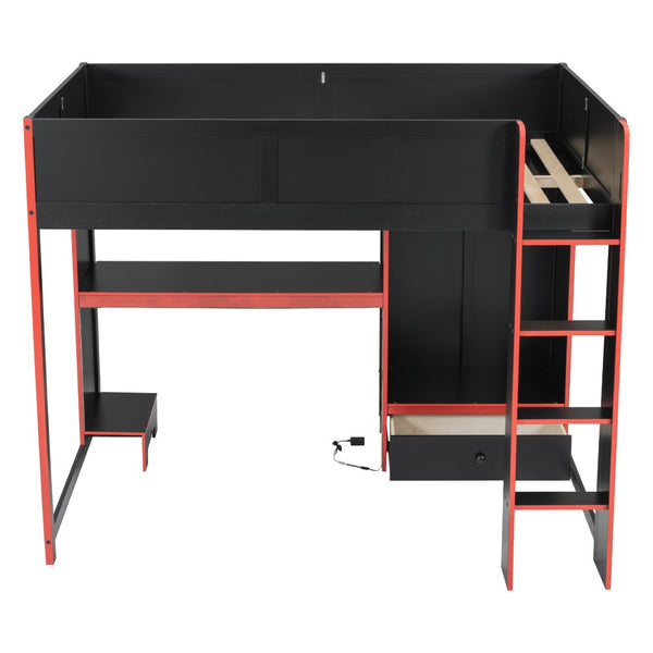 English Elm Wood Full Size Gaming Loft Bed With Desk, Wardrobe, Led Lighting, And Storage Drawer, Black Finish N7090004011B-GIGA