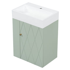 English Elm 20 Modern Wall-Mounted Bathroom Vanity with Ceramic Sink, Diamond Door, Gold Handles & Shelves — Compact Green N725P314033F