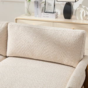 English Elm Mid-century Modern Boucle Upholstered Three Seat Sofa with Walnut Finish Wood Legs Beige N773P411407S