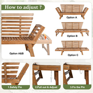 English Elm TOPMAX Outdoor Adjustable Patio Daybed Sofa with Acacia Hardwood Frame, Water-Resistant Cushions Natural+Beige SP100141AAN