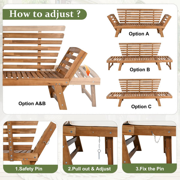 English Elm TOPMAX Outdoor Adjustable Patio Daybed Sofa with Acacia Hardwood Frame, Water-Resistant Cushions Natural+Beige SP100141AAN