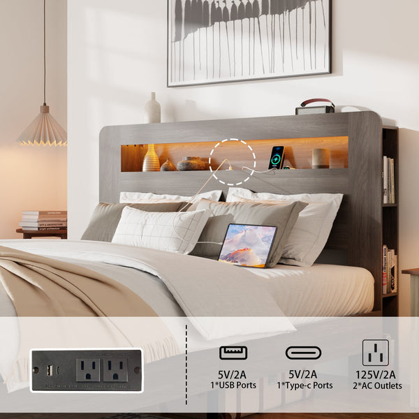 English Elm Bed Queen Platform Frame with Led Headboard Usb Charging Wood Slats Dark Grey W636P400540
