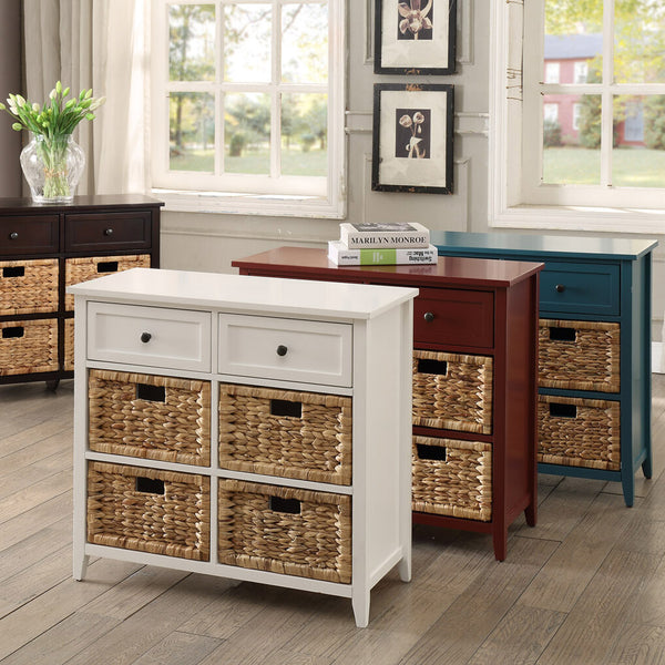 English Elm White 6-Drawer Console Cabinet with Wicker Front Basket, Durable MDF Veneer, KD Assembly, Classic Chic Appeal B062P209185