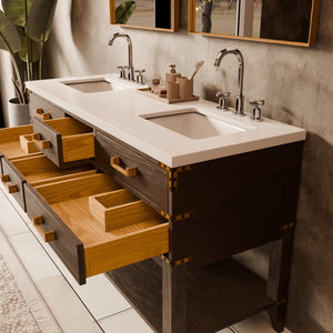 English Elm Brown Oak Double Bath Vanity With White Quartz Top & 28 In. Mirrors - Elegant Storage Solution! B2731S01632