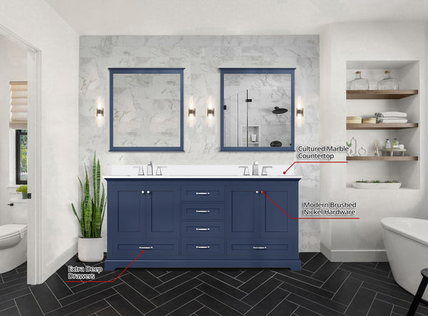 English Elm Navy Double Bath Vanity 72" W x 22" D with Cultured Marble Top, Solid Wood, Soft-Close Drawers, Storage B2731P258394