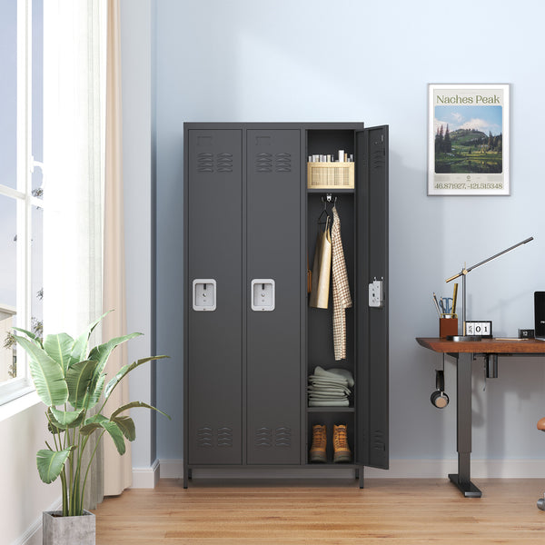English Elm 3 Door 72"H Metal Lockers - Triple Compartment Steel Cabinet with Individual Locks, Durable Black T2398P285652
