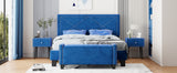 English Elm 4-Pieces Bedroom Sets Queen Size Upholstered Bed Frame With Rivet Design,Nightstands and Tufted Storage Ottoman,Blue