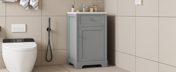 English Elm 20" Bathroom Vanity with Ceramic Sink, MDF Construction, Soft-Closing Door, Storage Rack & Shelf Grey N725P218017E