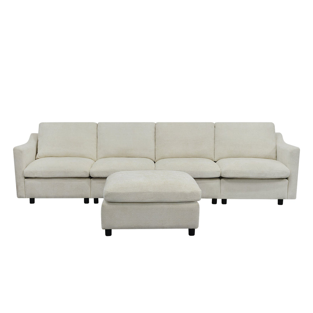 English Elm 4-Seater Modular Cloud Sofa in Beige Fabric with Ottoman, Memory Foam Comfort, Pockets & Pillows W1183S00011