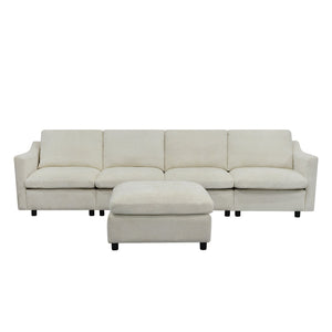 English Elm 4-Seater Modular Cloud Sofa in Beige Fabric with Ottoman, Memory Foam Comfort, Pockets & Pillows W1183S00011