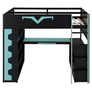 English Elm Full Size Gaming Loft Bed with Desk Rgb Lighting Power Outlet and Storage Drawer Blue LT000285AAC
