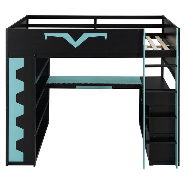 English Elm Full Size Gaming Loft Bed with Desk Rgb Lighting Power Outlet and Storage Drawer Blue LT000285AAC