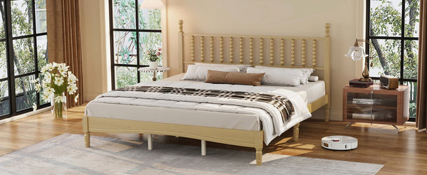 English Elm King Rubberwood Platform Bed Sculptural Gourd Headboard Retro Natural Finish Bedroom N733P338316M