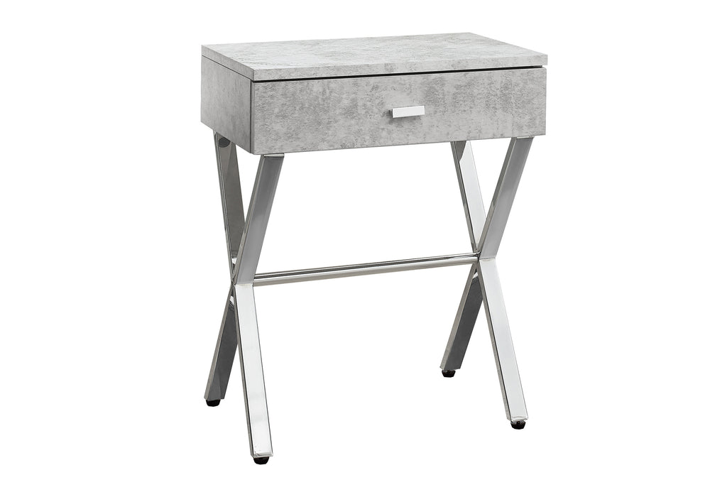 English Elm Accent Elegant Modern Side Table with Glossy Laminate, Chrome Base and Drawer for Living Spaces Grey 22 L x 14 W x 7 H B2710P219243