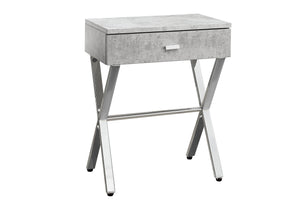 English Elm Accent Elegant Modern Side Table with Glossy Laminate, Chrome Base and Drawer for Living Spaces Grey 22 L x 14 W x 7 H B2710P219243