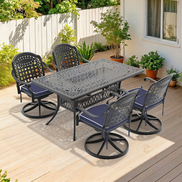 English Elm 5-piece Cast Aluminum Outdoor Dining Set with Swivel Chairs and Carved Patio Table W1710S00351