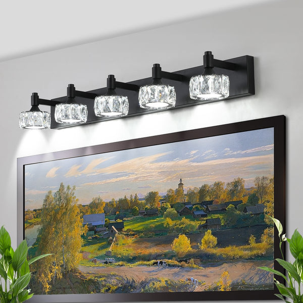 English Elm Modern 5-Light Matte Black LED Vanity Light with Crystal Shades, Dimmable 6000K 1625LM Bath Sconce W2312P374903