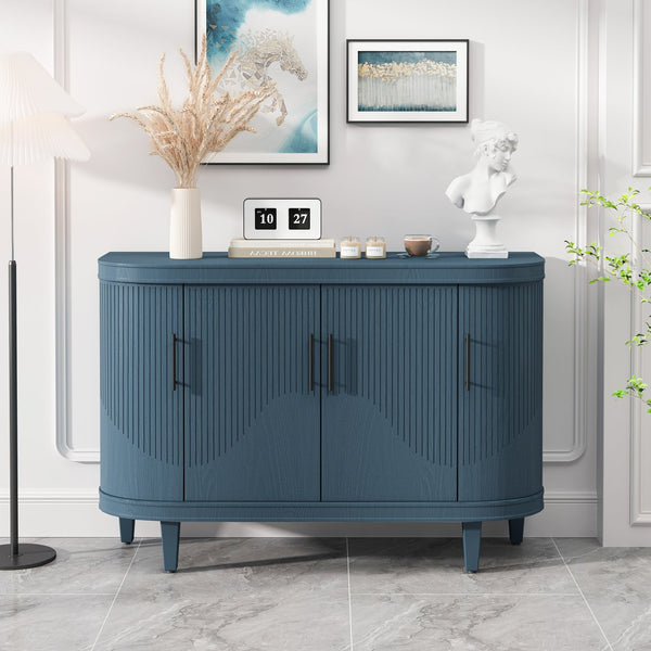 English Elm Modern Curved Sideboard Solid Wood Console Table with 4 Doors, Adjustable Shelves & Zinc Handles for Living Room Storage Scandi Style, Durable 220lb Top Capacity Blue W757P190337