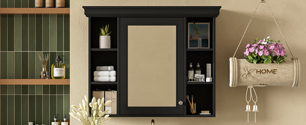 English Elm 35'' 35' 35'' x 28'' Wall Mounted Medicine Cabinet with Mirror Door, Modern MDF Storage with Towel Rod Black N710P196545B