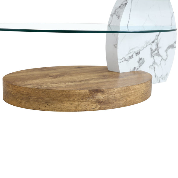 English Elm Contemporary Dual Tier Oval Glass Coffee Table with Marble and Wood Tone Base W1151P233589