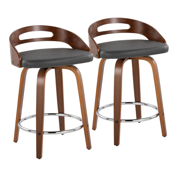 English Elm Cassis 24" Mid-Century Modern Counter Stool Set Of 2 - Swivel Walnut Wood & Grey Faux Leather Elegance B202S00015