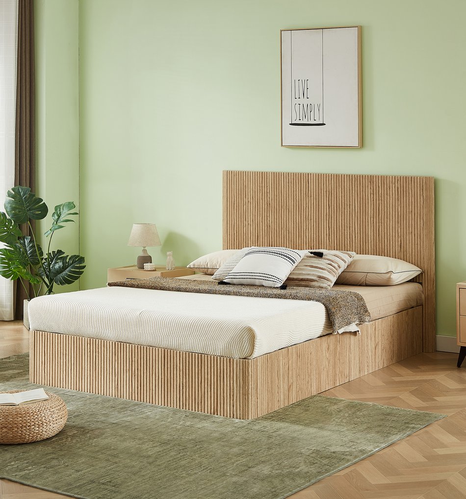English Elm Queen Hydraulic Lift Storage Bed Oak Finish Curved Headboard Modern Farmhouse Frame W1820S00059