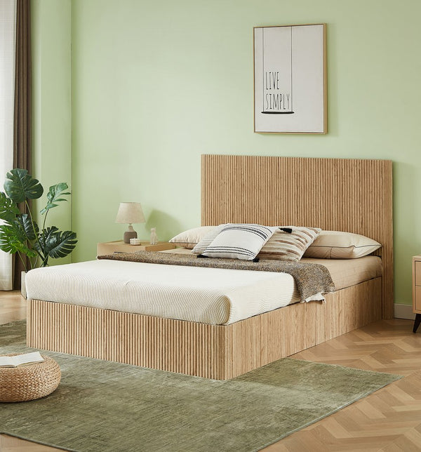 English Elm Queen Hydraulic Lift Storage Bed Oak Finish Curved Headboard Modern Farmhouse Frame W1820S00059