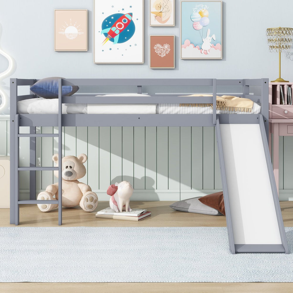 English Elm Twin Low Loft Bed with Slide and Ladder for Kids, Rubberwood Frame, Safety Guardrails & Playspace Grey W504P218522