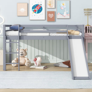 English Elm Twin Low Loft Bed with Slide and Ladder for Kids, Rubberwood Frame, Safety Guardrails & Playspace Grey W504P218522