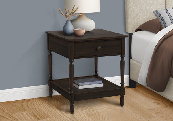 English Elm Accent Square Two-Tier Table with Grooved Top and Turned Legs, Compact Nightstand with Shelf, Brown Veneer Walnut 28 L x 25 W x 8 H B2710P219483