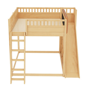 English Elm Queen Loft Bed with Upholstered Headboard Built-in Slide and Open Storage Shelves Natural W1580S00641