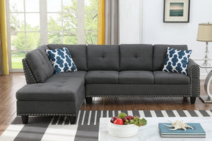 English Elm 2-Piece Alger 98" Wide Left-Hand Sofa & Chaise in Linen Blend with Tufted Backs, Nailhead Trim, Supportive Foam Cushions and Accent Pillows Dark Gray B102S00094