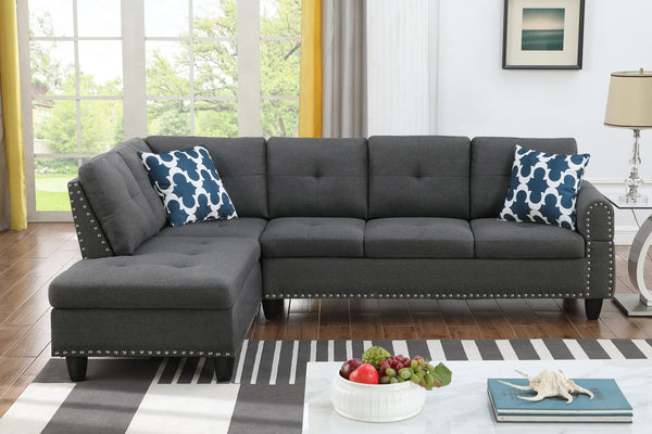 English Elm 2-Piece Alger 98" Wide Left-Hand Sofa & Chaise in Linen Blend with Tufted Backs, Nailhead Trim, Supportive Foam Cushions and Accent Pillows Dark Gray B102S00094