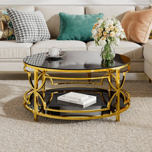 English Elm Round Tempered Glass Coffee Table with Gold Geometric Metal Base and Open Storage Shelf Black N735P396530B