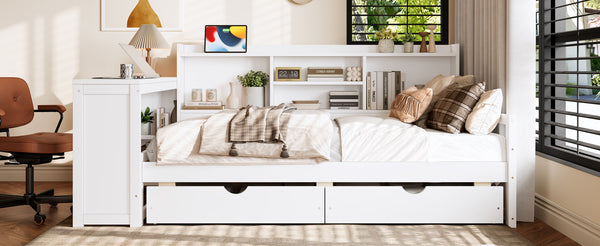 English Elm Twin Corner Daybed Pine Frame Built in Desk Bookcase Drawers Charging Kids Room White W697S00041
