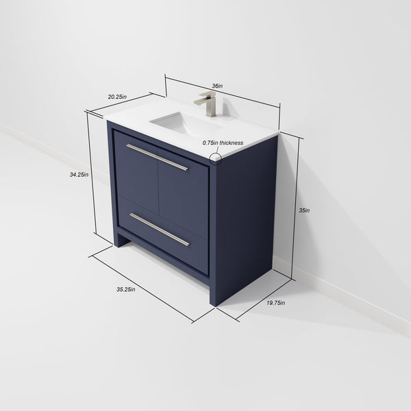 English Elm Navy Blue Single-Sink Vanity Set With White Quartz Top, Gun Metal Faucet & 28" Mirror For Modern Baths B2731S02065