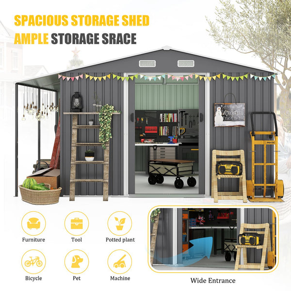 English Elm 10x12 Ft Galvanized Steel Outdoor Shed Dual Zone Lockable Sliding Doors Backyard Storage Dark Gray W1598S00034