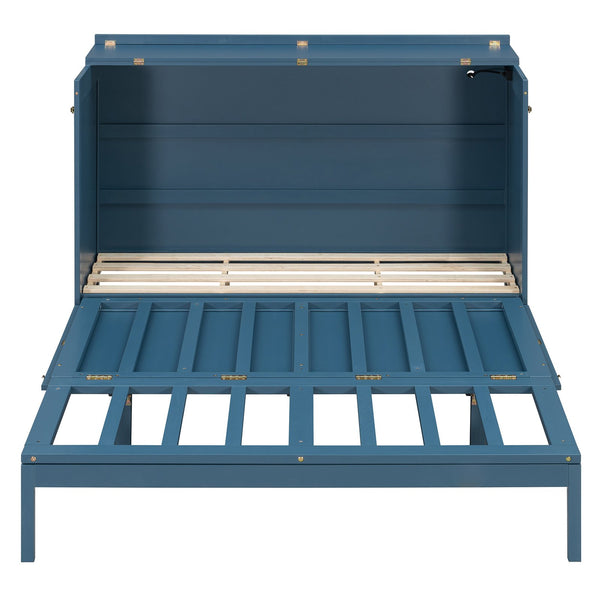 English Elm Queen Murphy Wall Bed Cabinet with Storage Drawer Built-in Power Outlets Usb Ports Navy Blue LP000400AAC-1