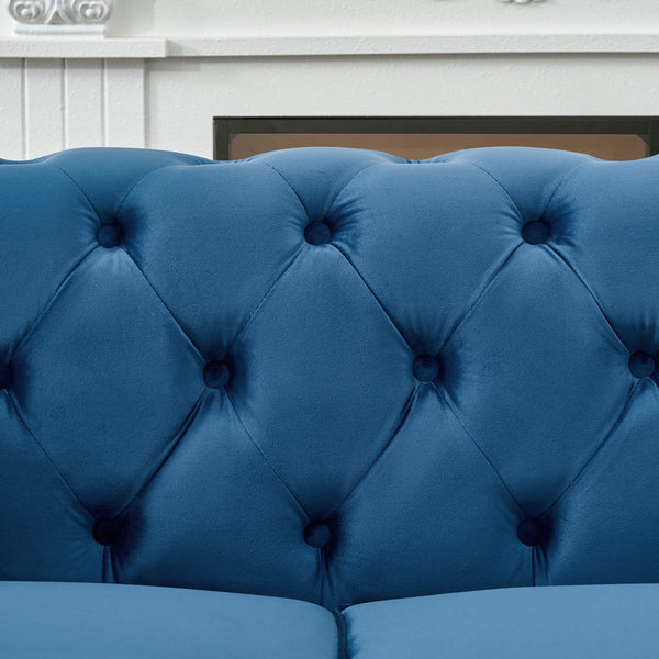 English Elm 85"chesterfield Velvet Sofa Tufted Roll Arms Nailhead Trim Mid-century 3 Seat Blue W3373S00069