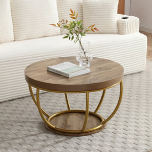 English Elm 31" Round Industrial Coffee Table Wood Grain Veneer Top Two Tier Open Shelf Living Room Golden W1117P414752