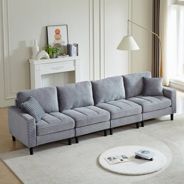 English Elm 122.5-Inch Oversized U-Shaped Modular Sofa Corduroy Sectional with Double Chaise, Ottoman, Pillows and Plastic Legs Grey W1193S00123