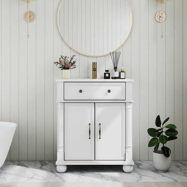 English Elm 27.8" Mid-century Freestanding Bathroom Vanity with Ceramic Sink Drawer and Wood Base White W1801S00006