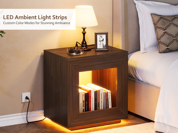 English Elm Rustic Wood End Table With 2-Tier Design, Integrated Charging & Led Lighting For Stylish Storage W1550P330031-GIGA