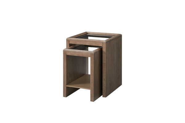English Elm Nesting Tables with Tempered Glass Tops Cocoa – Space-Saving Rustic Wood Finish, Lower Shelf Storage B2699P323119