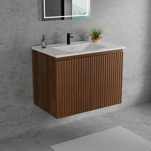 English Elm 30 Inch Floating Bathroom Vanity Fluted Wood Grain Front with Ceramic Integrated Sink Walnut W3520S00028