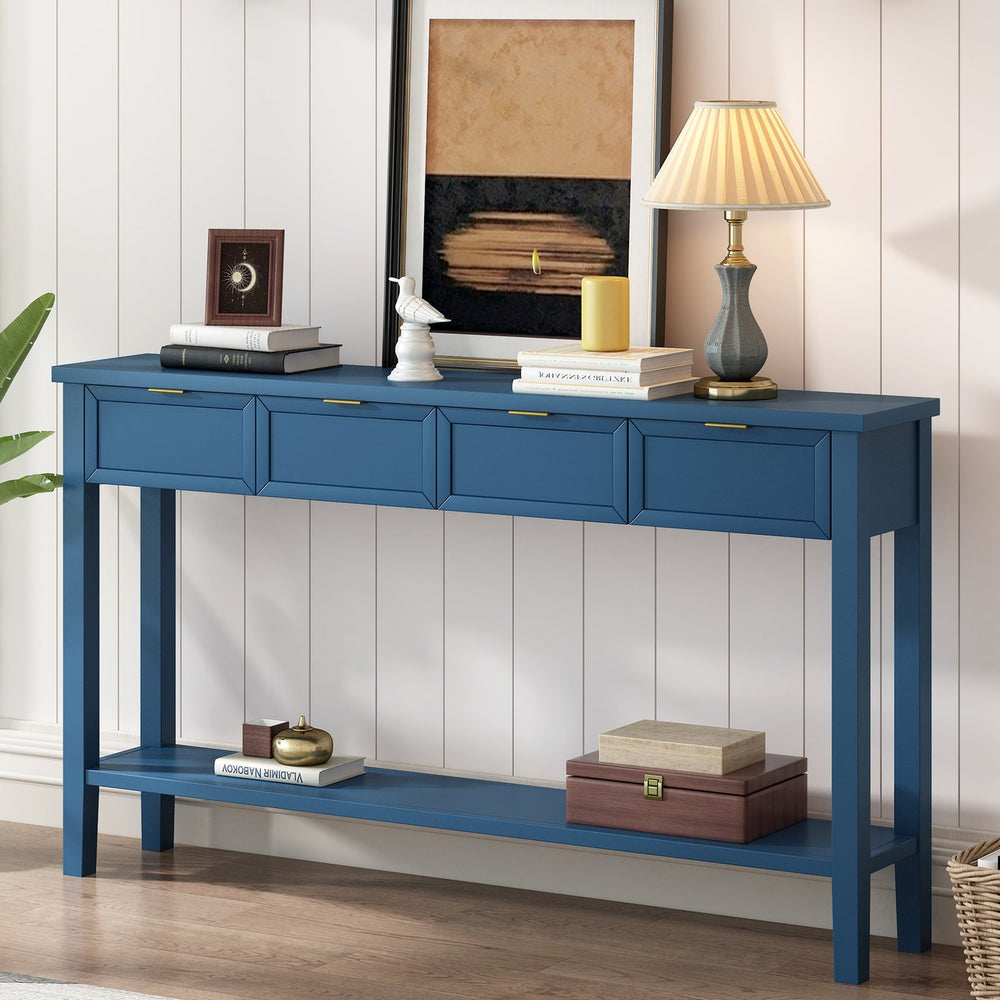 English Elm U_style Contemporary Console Table with 4 Drawers Pine Legs Open Shelf Foyer N711P218638V