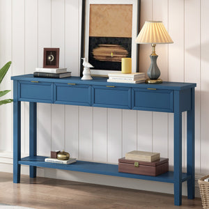 English Elm U_style Contemporary Console Table with 4 Drawers Pine Legs Open Shelf Foyer N711P218638V