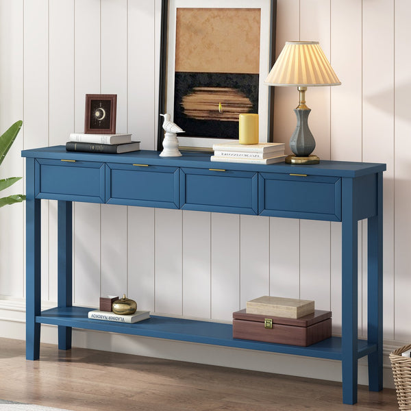 English Elm U_style Contemporary Console Table with 4 Drawers Pine Legs Open Shelf Foyer N711P218638V