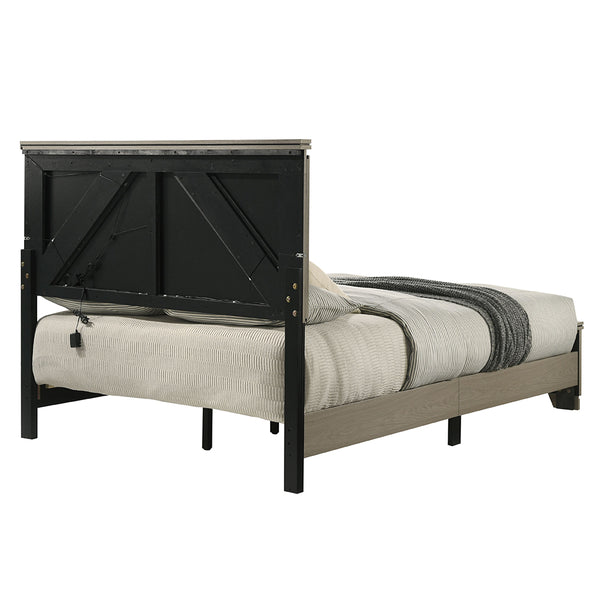 English Elm Modern Queen Size Bed with LED Headboard, Weathered Gray Wood Frame, Sturdy Legs, Easy Ship B2741P404874