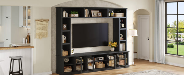 English Elm Entertainment Wall Unit with Glass Doors Open Shelving Mdf Living Room Storage Black N710S688100B